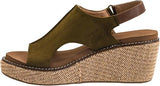An olive green wedge sandal with a braided jute platform sole and a brown leather ankle strap, shown from a side profile view on a white background.