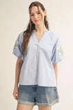Light Blue Puff embroidered sleeve blouse