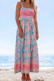 Sky Blue Bohemian Ethnic Print Spaghetti Straps Vacation Maxi Dress: Sky Blue / 100%Polyester / M