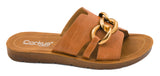 Brown sandal with gold chain detail on a white background