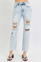 Light blue ripped jeans on a white background