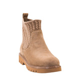 A single ankle boot in tan suede with a textured knit elastic side panel and a chunky lug sole, shown on a plain white background.
