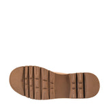 A top-down view of a brown rubber shoe sole with deep tread patterns, shown against a solid white background.