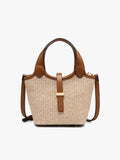 Woven handbag with brown leather accents on a white background