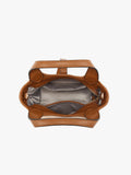 Brown leather bag with a zipper on a white background