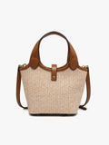 Woven handbag with brown leather straps on a white background