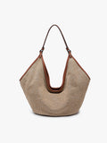 Beige woven handbag with brown leather accents on a white background
