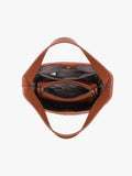 Brown handbag with open interior on a white background