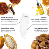 Skincare product with ingredients like Reishi mushroom, cocoa seed butter, Maitake mushroom, and Vitamin C on a white background.