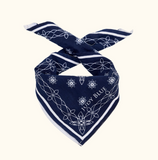 Navy blue bandana with white patterns and 'Lucky Blue' branding on a white background