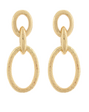 A pair of gold drop earrings, each featuring a textured oval dangle hanging from a smooth oval connector, shown against a plain white background.