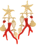 Starfish and sea life red coral earrings