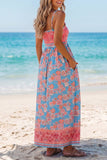 Sky Blue Bohemian Ethnic Print Spaghetti Straps Vacation Maxi Dress: Sky Blue / 100%Polyester / L