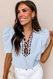 Sky Blue stripe ricrac trim short sleeve blouse