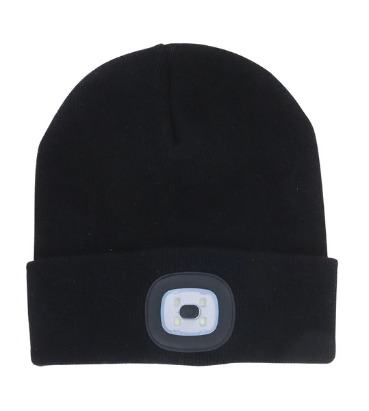 Black beanie with a built-in LED light on a white background