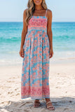 Sky Blue Bohemian Ethnic Print Spaghetti Straps Vacation Maxi Dress: Sky Blue / 100%Polyester / S