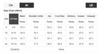 Size chart for clothing measurements in inches and US sizes