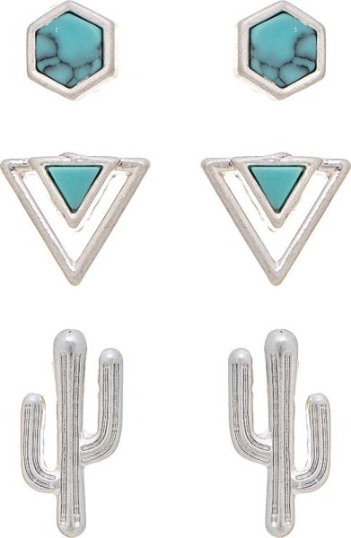 Silver Turquoise Southwest Cactus Three Post Earring Set