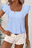Sky Blue Stripe Square Neck Bow Decor Frilly Ruffled Short Sleeve Blouse: Sky Blue Stripe / 100%Polyester / S