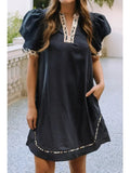 Leopard Notched Neck short puff sleeve dress Black