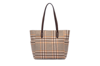 Plaid patterned handbag with brown leather handles on a white background