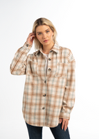 Woman wearing a plaid jacket on a white background