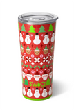 Tumbler with Christmas-themed design featuring snowmen, trees, and candy canes on a red background.