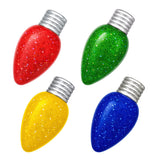 Four colorful glittery light bulbs in red, green, yellow, and blue on a white background.