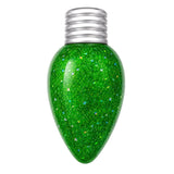 Green glittery light bulb with silver base on a white background
