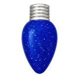 Blue glittery light bulb with silver base on a white background